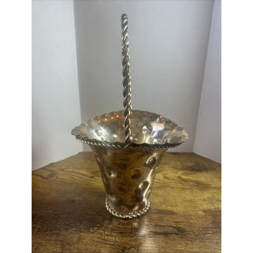 Vintage Silver Plated SNK India Dimpled Flower Basket Vase Twisted Handle 10 in